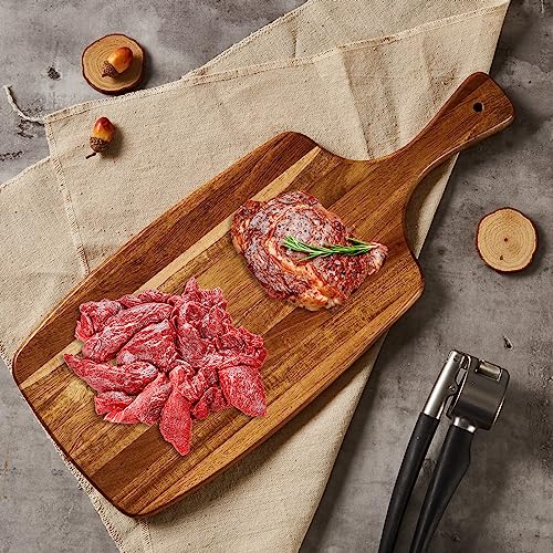 Acacia Wood Cutting Board and Cheese Board with Handle for Braed, Chopping Board, Meat, Fruits and Charcuterie - Decorative Wooden Serving Board for Kitchen, 17x7 Inch - size: 16.9"L x 7"W
