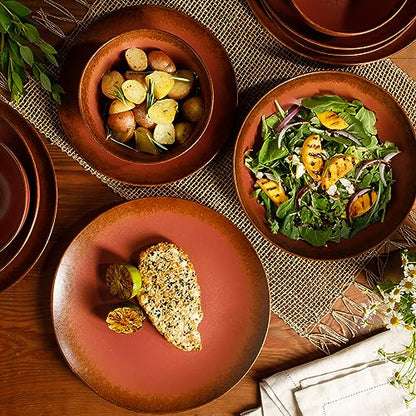 Two Time Oprah's Favorite Things Winner - Palermo Sun Double Bowl Stoneware Reactive Glaze Plates and Bowls Dinnerware Set - Paprika Red, Service for Four (16pcs) - color: Paprika Red