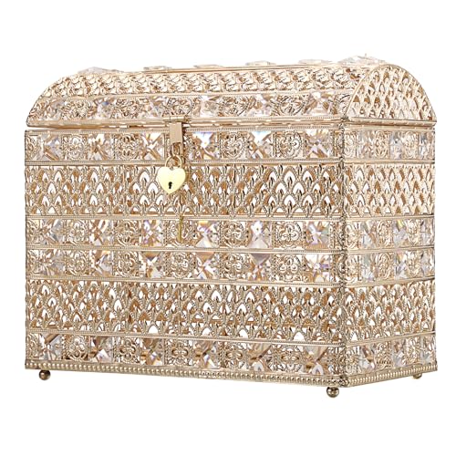 ELLDOO Crystal Wedding Card Box with Heart Lock, Vintage Money Card Box Treasure Chest Style Gold Gift for Wedding Receptions, Centerpiece Decor, Anniversary Keepsake, Gift, Large Size - color: Gold, size: Large