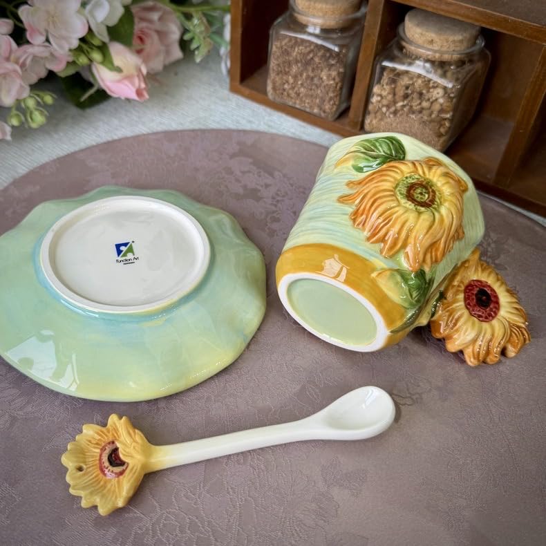 Ceramic Sunflower Coffee Mug and Saucer set with Spoon,3D Handmade and Hand-painted Tea Mug, 6OZ