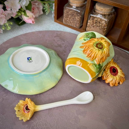 Ceramic Sunflower Coffee Mug and Saucer set with Spoon,3D Handmade and Hand-painted Tea Mug, 6OZ