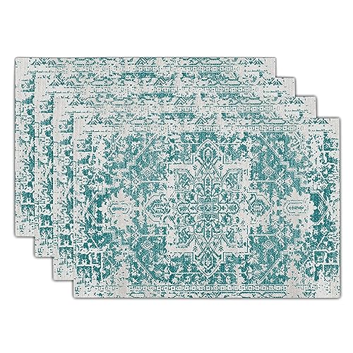 Gray Teal Boho Placemats Set of 4 Ethnic Bohemian Carpet Place Mats Washable Kitchen Dining Vintage Grey Geography Floral Linen Table Mats Stain Heat-Resistant Cloth Tabel for Home Party 12x18 in - color: Teal, size: 18x12 Inches
