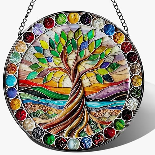 8-Inch Colorful Tree of Life Stained Glass Suncatcher & Ornament – Stained Glass Window Hanging & Decor, Sun Catchers for Windows Indoor, Gifts for Women, Gifts for Christmas, Housewarming Gift - color: Tree of Life