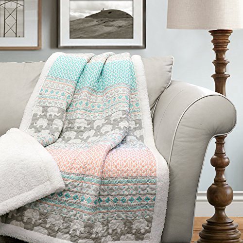 Lush Decor Elephant Stripe Fuzzy Reversible Sherpa Throw Blanket 60” x 50” Turquoise & Pink