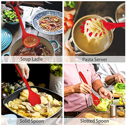 P&P CHEF Red Kitchen Utensils, Silicone Cooking Utensil Set of 7 | Soft Spatula for Nonstick Cookware, Slotted Turner, Soup Ladle, Pasta Server, Spoon for Cooking, Dishwasher Safe & Heat Proof - color: Red