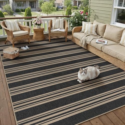 Outdoor Rug 5x8 Washable Striped Jute Look Non Slip Carpet | Black and Tan Stripe Farmhouse Style, Indoor Outdoor Area Rug for Patio, Living Room, Dining Room, Non Shedding, Neutral Rugs - color: Black/Striped, size: 5' x 8' (Rectangular)