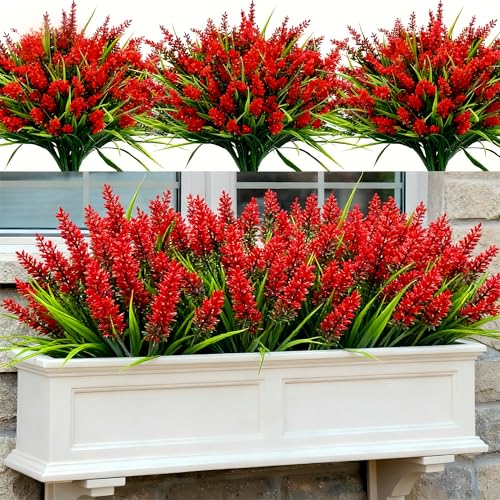 Geegoods 48 Bundles Red Artificial Plants Flowers Outdoor, UV Resistant | Faux Lavender Flowers with Monkey Grass for Garden Porch Window Patio Hanging Planter Decor - color: Red, size: 48PCS