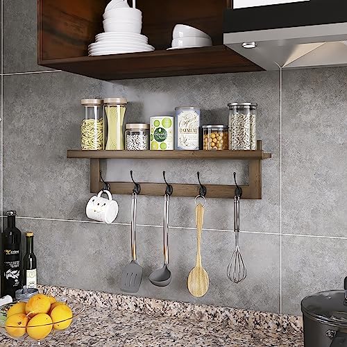SMIBUY Coat Hooks with Shelf Wall-Mounted, 29.2 Inch Entryway Coat Rack for Wall, Bamboo Hanging Shelf with 5 Double Metal Hooks for Bathroom, Bedroom, Kitchen, Living Room, Mudroom (Walnut) - color: Walnut+Black