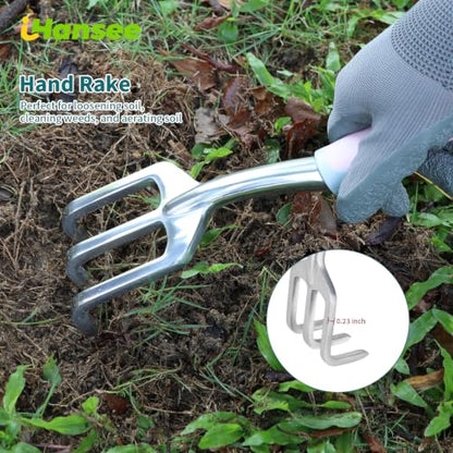 Pink Garden Tool Sets 4-Piece, Aluminum Gardening Hand Tool Kit | Transplant Trowel, Hand Rake, Curved Pruner with Ergonomic Handle, Garden Gloves, Gardening Gift for Mom Women Plant Lover - color: pink-4pcs