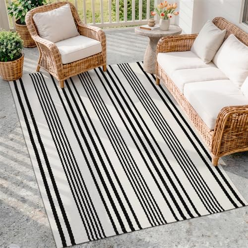 Outdoor Area Rug 4'x6' Black and White Outdoor Rugs Porch Patio Rug | Machine Washable Camping Rug Cotton Door Mat Indoor Outside Striped Rugs for Front Porch/Deck/Backyard/Balcony/Home Decor - color: White/Black Stripe, size: 4' x 6' (Rectangular)