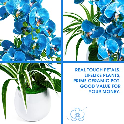 W&W Artificial Orchid Plants and Flowers with Vase, Fake Faux Orchid in Ceramic Pot,19”, Blue - color: Blue 01