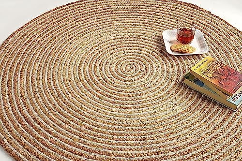 GRUHUM Jute Cotton Area Rug 10ft Round Natural Handwoven Braided Rug Large | Boho Soft Rustic Beige Vintage Reversible Low Pile Kid & Pet Eco-Friendly Indoor Bedroom Living Room Dining high Traffic Use - color: Natural- 13, size: 10' (Round)