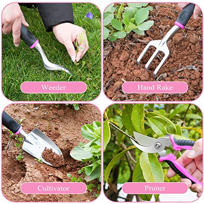 Pink Garden Tool Set Gardening Items for Women - 24PCS Heavy Duty Garden Tools with Detachable Storage Bag, Succulent Tool Set, Weeder - color: Pink