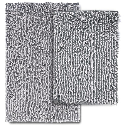 Chenille Bathroom Rugs Set 2 Piece, Absorbent Bath Rugs, Non-Slip Bath Mats, Machine Washable Rugs for Bathroom Floor, Tub and Shower, Gray&White (20 × 30 Plus 17 ×24 - Inch) - color: Gray & White