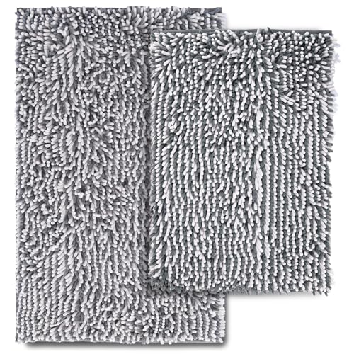 Chenille Bathroom Rugs Set 2 Piece, Absorbent Bath Rugs, Non-Slip Bath Mats, Machine Washable Rugs for Bathroom Floor, Tub and Shower, Gray&White (20 × 30 Plus 17 ×24 - Inch) - color: Gray & White