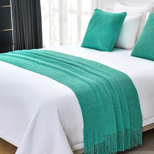 Cotton Knit Bed Runners King Size,Decorative Boho Bed Scarf with Tassel,Soft Solid Color Woven Beds Throw Blanket for Bedroom Home Hotel (Lake Green 45x45cm/only Pillowcase) - color: Lake Green, size: 45x45cm/only pillowcase