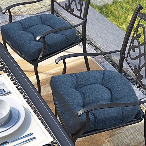 Magpie Fabrics Outdoor/Indoor Tufted Seat Cushion with Ties Set of 2, 19"x19" Waterproof Patio Chair Pads Tatami Floor Pillow for Dining Garden Balcony Office Decor (Denim Blue) - color: Denim Blue