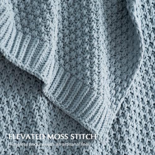 EVERGRACEHOME Chunky Chenille Knit Throw Blanket, 90 x 90, Chambray Blue | Sculpted Moss Stitch, Chic Modern Farmhouse, All-Season Warmth, OEKO-TEX® Certified, Oversized Queen for Couch, Bed, Sofa - color: Chambray Blue, size: 90" X 90"