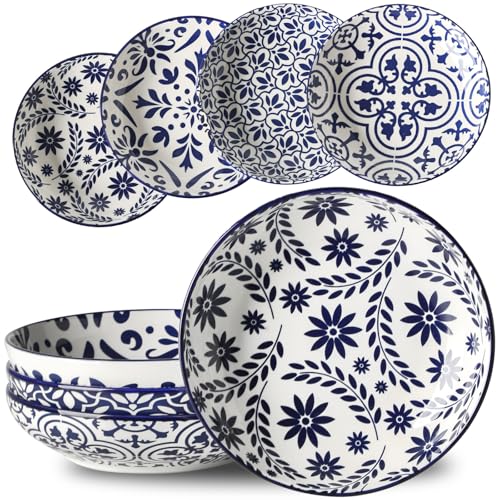HASENSE 42 OZ Pasta Bowls Set of 4, Blue & White Ceramic | Wide Design for Pasta, Salad & Soup, Vintage Blue Pattern, Durable Ceramic, Microwave & Dishwasher Safe - color: Vintage Blue
