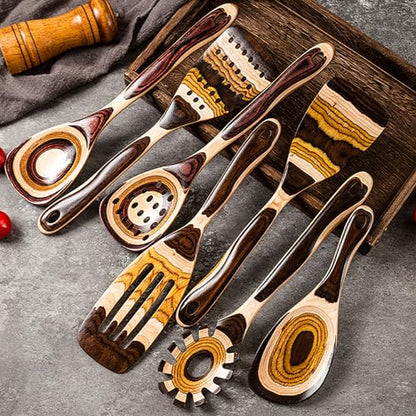 Gudamaye 7-Piece Brown Pakkawood Utensils Set – Sturdy, Eco-Friendly, Wooden Spoons for cooking, Wooden Utensil for cooking, Wooden Kitchen Tool, Home & Kitchen Gifts for Men and Women - style: Pakkawood 7 PCS Brown