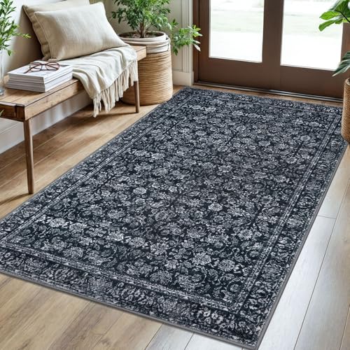 SIILOOM 3x5 Washable Area Rug Non Slip Door Mat Indoor for Entryway Bedside | Black Soft Vintage Spill & Stain Resistant Low Pile Carpet for Kitchen Office Front Backdoor - color: Black, size: 3' x 5' (Rectangular)