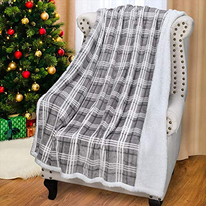 Catalonia Plaid Sherpa Throw Blanket, Holiday Throws for Couch Sofa Cabin Decro, Christmas Valentine's Day Gift, Buffalo Grey - color: Plaid Grey