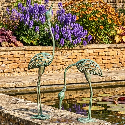 Garden Decor Statues, Metal Crane Yard Art Sculptures, Green | Outdoor Heron Bird Statues, Cast Iron Cranes for Yard, Lawn & Pond Decorations, Antique Green, Set of 2 with Ground Stakes - color: Antique Green