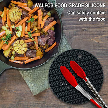 Silicone Trivet Mats - Walfos Heat Resistant Pot Holders Set, 4pcs 2 Sizes 7 Inch & 9 Inch, Multipurpose Non-Slip Hot Pads for Hot Pot, Hot Dishers, Jar Opener, Food Grade & BPA Free (Black) - style: 7+9in, 4 Black Round