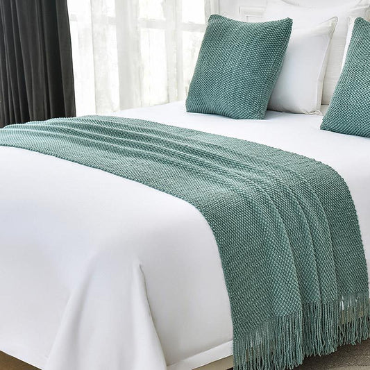 Cotton Knit Bed Runners King Size,Decorative Boho Bed Scarf with Tassel,Soft Solid Color Woven Beds Throw Blanket for Bedroom Home Hotel (Dreamy Green 45x45cm/only Pillowcase) - color: Dreamy Green, size: 45x45cm/only pillowcase