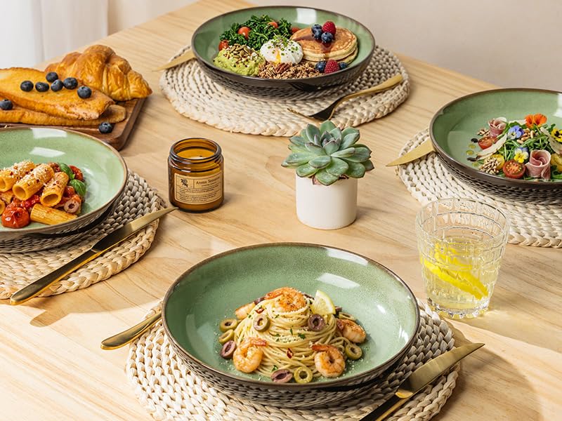 LERATIO 9.0" Ceramic Pasta Bowls Set of 6,38oz Large Stoneware Bowls Set | Reactive Glaze Serving Bowls Set,Wide Bowl for Pasta,Salad,Fruit & Noodles,Housewarming & Wedding Gift-Light Green - color: Light Green, size: Set of 6