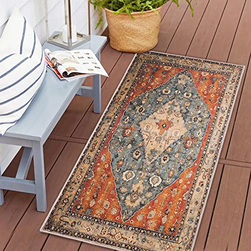 COMSLE Boho Area Rug, 2' x 4' Machine Washable Rugs for Entryway Faux Wool Small Rugs Distressed Throw Rug Non-Slip Floor Carpet for Indoor Bedroom Kitchen Living Room - color: Red/Green-3, size: 2' x 4' (Rectangular)