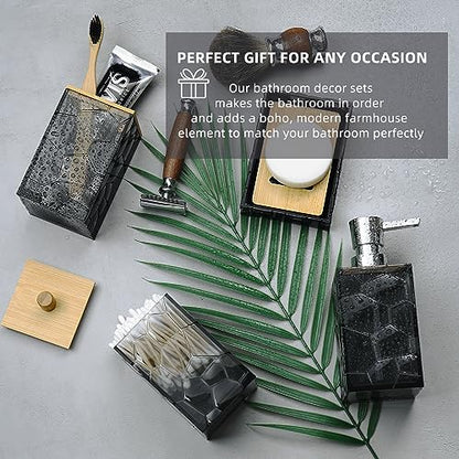 GAHEFY Black Grey Bathroom Accessories Set, Toothbrush Holder, Soap Dispenser, Cotton Swabs Holder, Soap Dish, Toilet Brush with Holder, Black Bamboo Bathroom Decor,Acrylic - style: Black grey