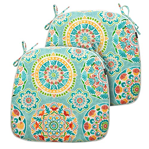 FUNHOME Indoor/Outdoor Chair Cushions Set of 2, 17x16x2Inch-Cyan Circle | Round Corner Patio Chair Pads with Ties, Water-Resistant, Patio Seat Cushions for Home Garden Furniture Decoration - color: Cyan Circle, size: Set of 2