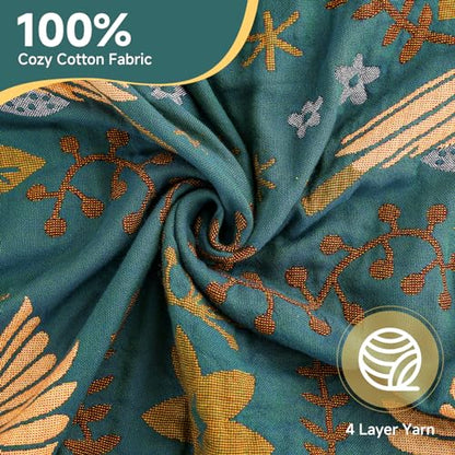 Boho Throw Blanket for Bed Couch 100% Cotton Woven Bed Throws for All Season Lightweight and Soft Cozy Farmhouse Reversible Muslin Decorative Blanket for Travel Picnic, Teal/Cream, 60''x80'' | 4-Layer Breathable Muslin Blanket,100% Organic Cotton Soft Lig