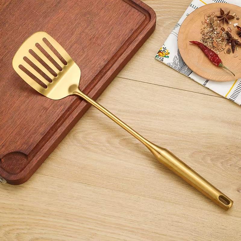 Premium 7-Piece Gold Kitchen Utensil Set with Stand, Stainless Steel Cooking Tools- Dishwasher Safe Ladle, Spoon, Spatula, Pasta Fork, Luxury Brass Kitchen Accessories for Home Chefs (Gold) - color: Gold