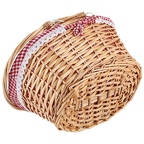 Natural Wicker Woven Gift Easter Basket, Hand Woven Empty Willow Woven Basket with Double Folding Handles and Washable Gingham Liner, Wicker Picnic Basket for Egg Candy Fruit Toy Storage