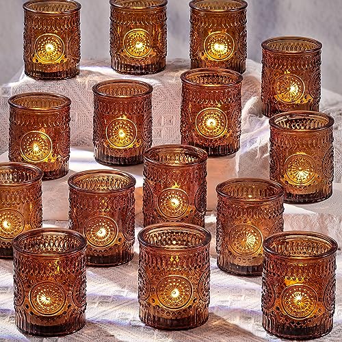 Amber Votive Candle Holders Set of 36- Glass Tea Lights Candle Holders Bulk | for Flameless LED Tea Waxes, Vintage Candle Holder for Fall Wedding & Home Table Decor, Vintage Parties - color: Amber