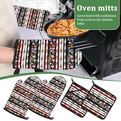 Retro Boho Flower Stripe Oven Mitts and Pot Holders Set 4 Pcs Extra Long Heat Resistant Gloves Potholder for Baking, BBQ, Grilling - color: Boho Floral Stripe