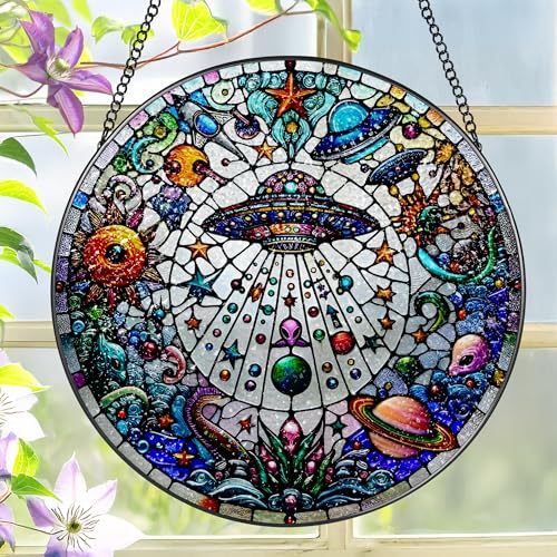 Stained Glass Window Hanging, LAOWEIKI 8'' UFO&Alien Suncatcher, Stained Glass Ornament, Suncatchers for Windows Hanging, Window Decor, Outdoor or Indoor, Gifts for Friends, Art Lover, Astronomer - color: Ufo&alien