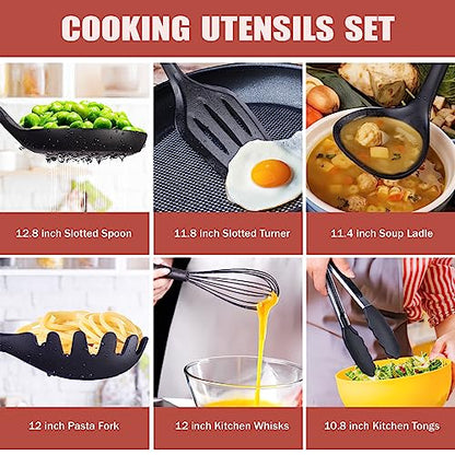Kitchen Utensils Set,18-Piece Cooking Utensils and Knife Set,Black | Food-grade Silicone Heat-safe to 410°F, Detachable Stainless Steel Holder, 5 Kitchen Knives and Cutting Board All-in-one - color: Black