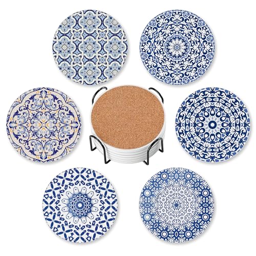 Drink Coasters for Drinks Set of 6,Blue and White Porcelain Absorbent Round Ceramic Stone Mat Coaster, with Cork Base and Metal Holder, Home Bar Decor House Warming Gift - color: Blue and White Porcelain
