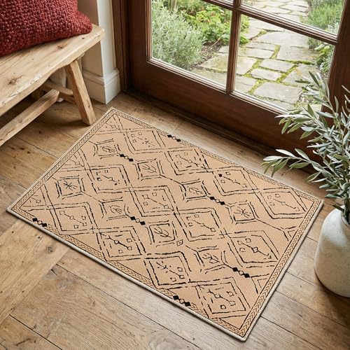 jinchan 2x3 Faux Jute Area Rug Washable Moroccan Entryway Rug, Warm Taupe | Neutral Boho Geometric, Non-Slip, Low Pile, Indoor Outdoor, High-Traffic, Kitchen, Bathroom, Laundry Room, Porch, Balcony - color: Warm Taupe, size: 2' x 3' (Rectangular)