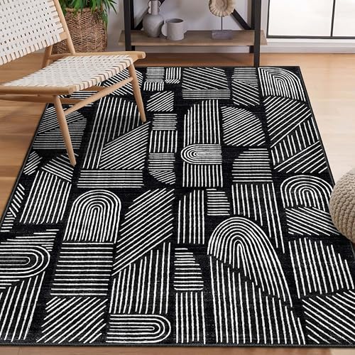 3x5 Rug Washable Area Rugs Low Pile Low Pile Mid Century Modern | Small Throw Carpet for Bedroom Entryway Living Room Office Bedside Entry Non Slip Indoor Boho Abstract Black and White - color: Black and White, size: 3' x 5' (Rectangular)