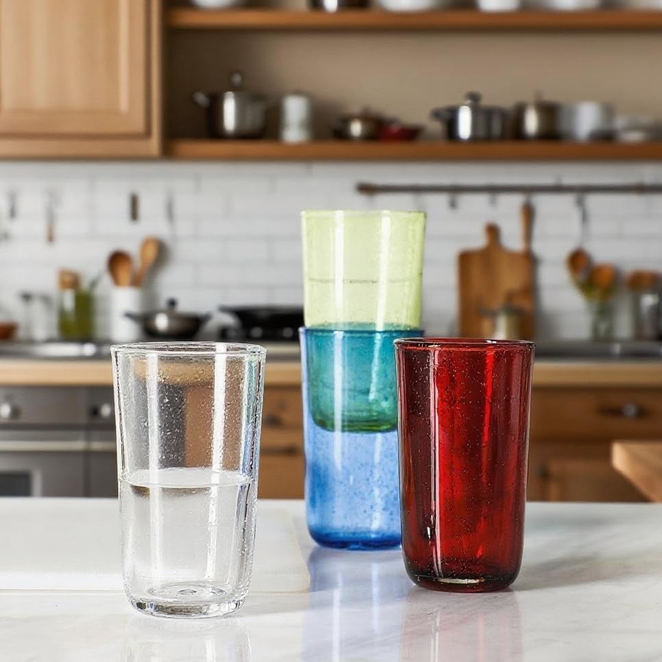 Hand Blown Glass Tumblers, Colored Bubble Water Glasses, 8 Oz, Set of 4