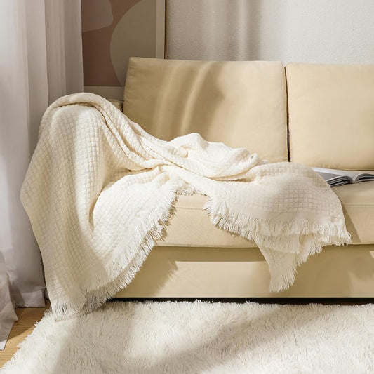 Knit Decorative Throw Blanket Boho Waffle Soft Throw Blanket for Bed Couch Sofa (Beige, 60" x 80") - color: Beige, size: 60" x 80"