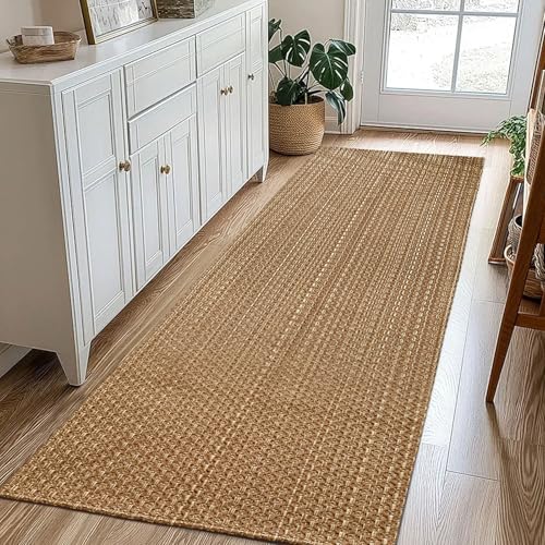 Tan Brown Faux Jute Runner Rug 2x5 ft,Boho Braided Rubber Back Hallway Rug | Non slip solid washable entryway mat, perfect for indoor hallway, bedroom and bathroom - size: 2' x 5' (Rectangular)