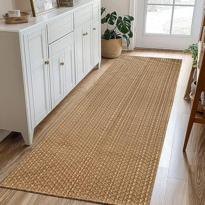 Tan Brown Faux Jute Runner Rug 2x5 ft,Boho Braided Rubber Back Hallway Rug | Non slip solid washable entryway mat, perfect for indoor hallway, bedroom and bathroom - size: 2' x 5' (Rectangular)