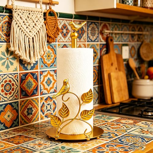 Gold Paper Towel Holder Countertop Golden Bird Decor Cast Iron Solid Birds and Leaves for Home Gold Kitchen Decor Unique Paper Towel Holder Golden