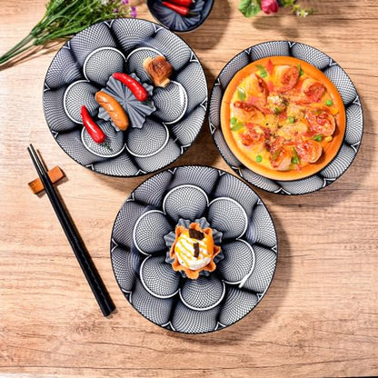 4-Piece Ceramic Salad Plate Set, 8-Inch Round Dinner Plates with Black & White Geometric Flower Motif, Modern Serving Dish with Black Rim, Microwave & Dishwasher Safe, Stackable Plates for Pasta - color: Black and White Floral Pattern