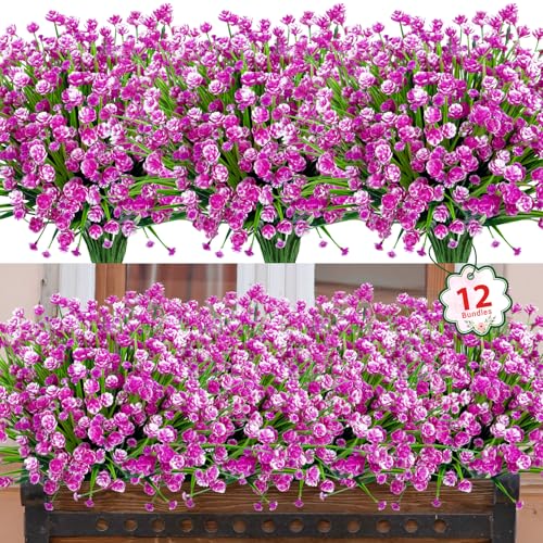 12 Bundles Artificial Flowers for Outdoors Decorations, Fuchsia | Fake plants, plastic flowers, faux greenery stems, UV resistant, for indoor garden patio window box kitchen home decor - color: Fuchsia, size: 12 Packs